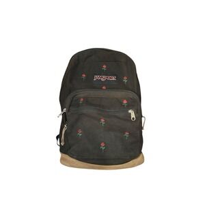 Jansport Leather Bottom Backpack Floral Rose Black Regular Size Vtg Hike School